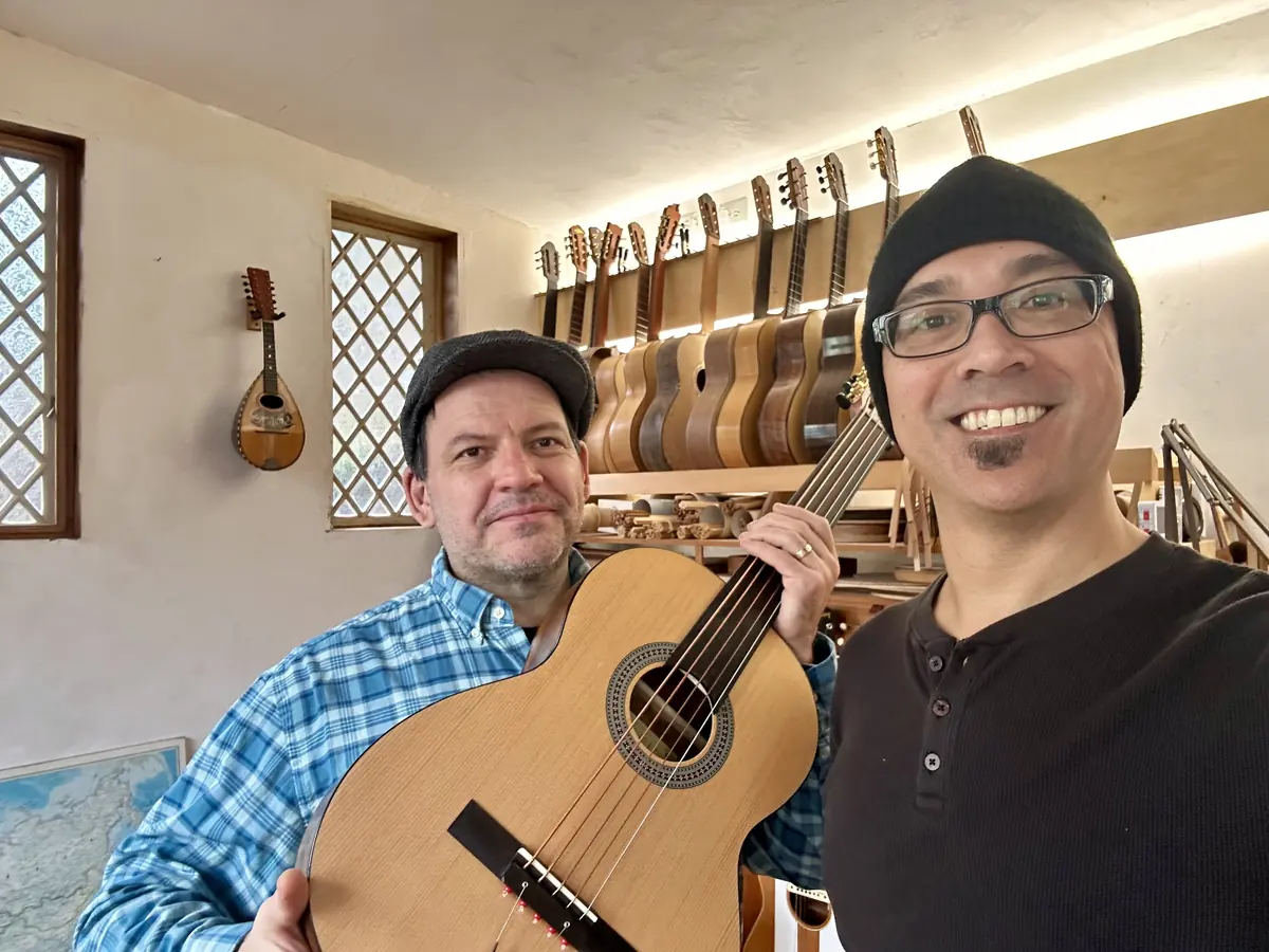 Selfie with luthier Peter Tsiorba, who holds the Tario